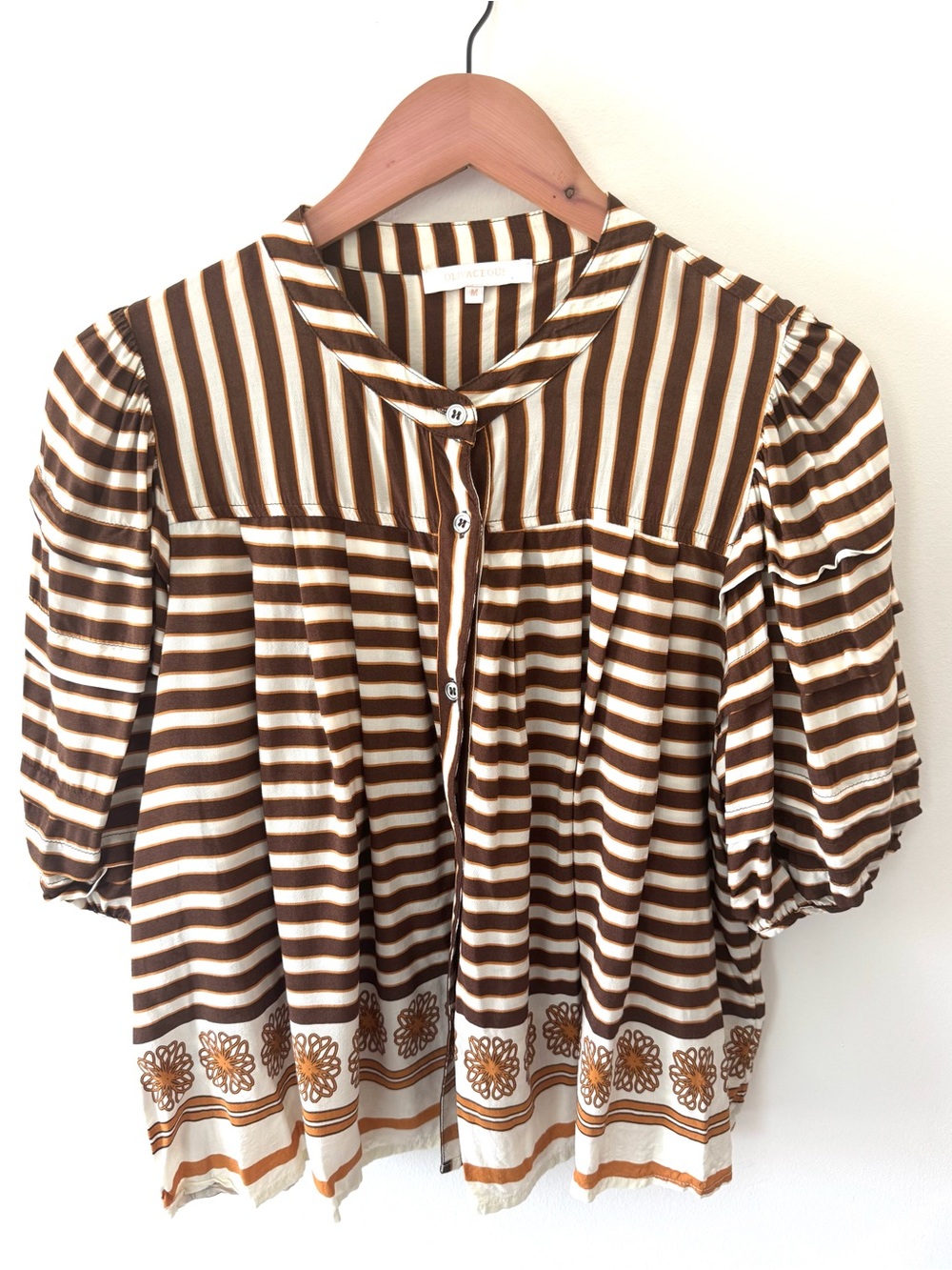 Olivaceous Marlo Top Brown White Striped Boho Floral Hem Puff Sleeve Size M